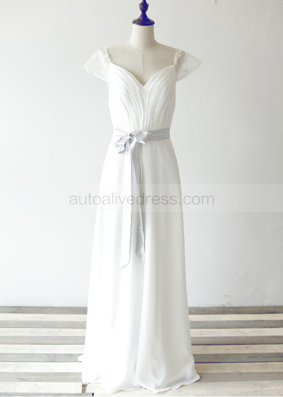 Cap Sleeves Ivory Lace Chiffon Slit Open Back Long Wedding Dress